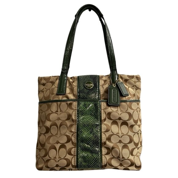Coach Purse Signature Jacquard North South Green Python Deep Khaki Shoulder Bag - Picture 1 of 16